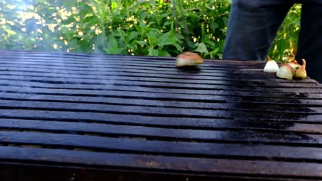 onions are being spread on the barbecue