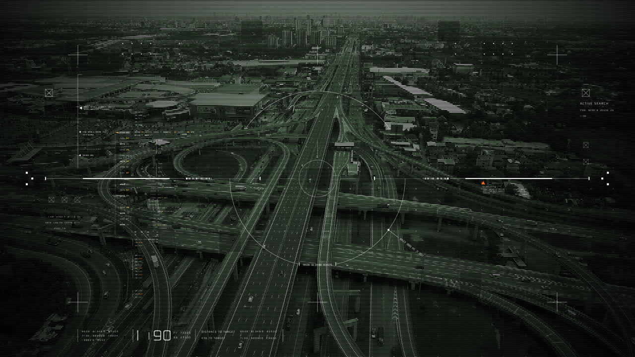 Futuristic HUD satellite view of traffic surveillance on a busy expressway junctions tracking and monitoring highway traffic for possible target vehicle