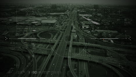 futuristic hud satellite view of traffic surveillance on a busy expressway junctions tracking and monitoring highway traffic for possible target vehicle