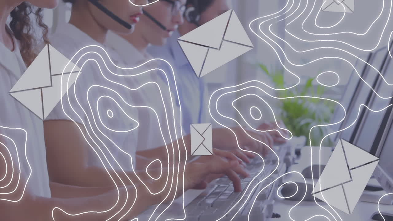 Animation of moving lines and emails icons over business people wearing headsets