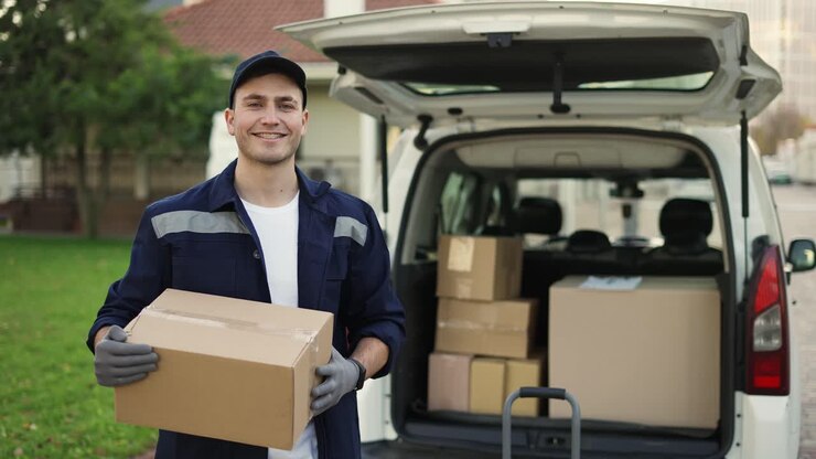 Happy smiling delivery service worker in uniform, cap and gloves holding paper box and standing near the minivan with opened
