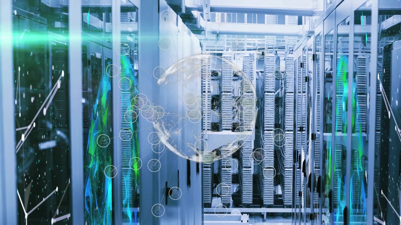 Faint globe appearing over server racks, rotating clockwise while nodes emerging showing data flow