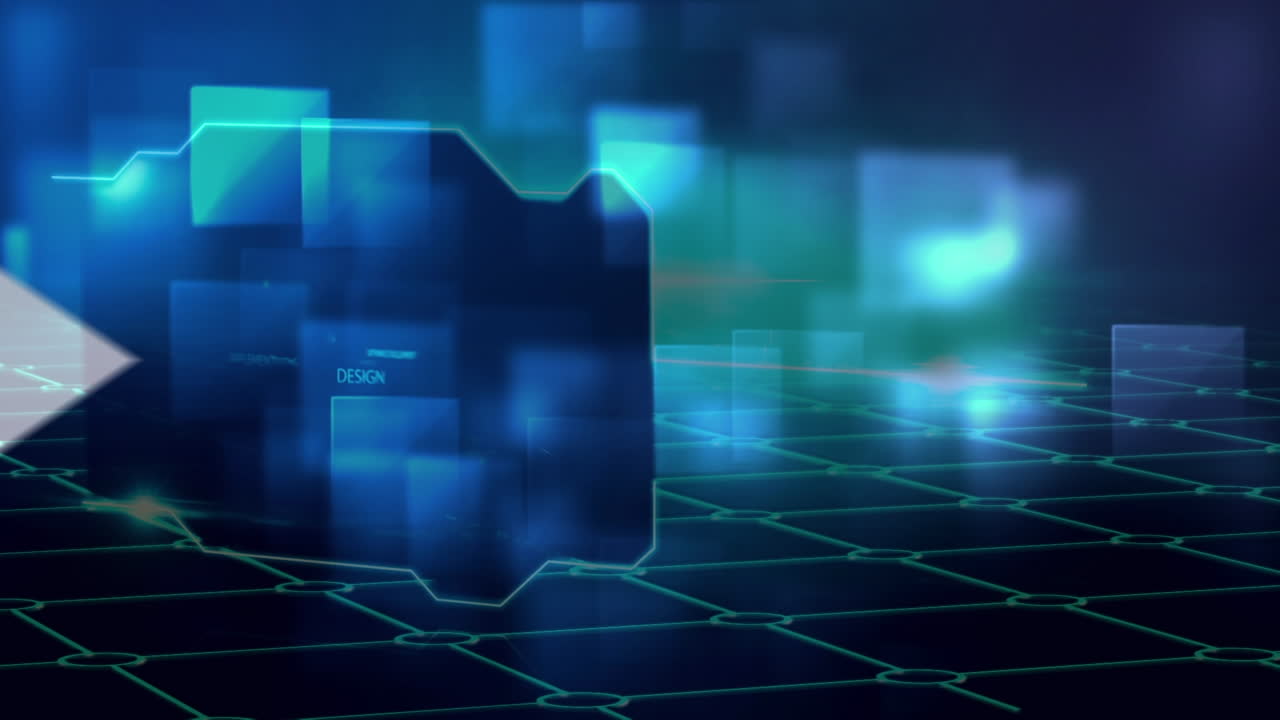 animación de flechas digitales y texto informático sobre pantallas y fondo de cuadrícula