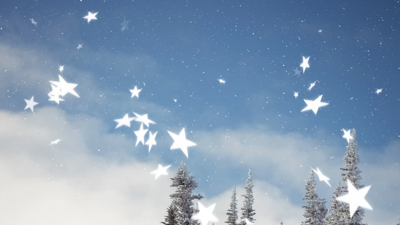 겨울 시골 풍경 위 에 내리는 눈 과 별 들 의 애니메이션