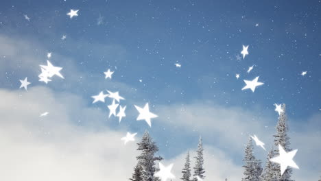 animación de nieve y estrellas cayendo sobre el paisaje rural de invierno
