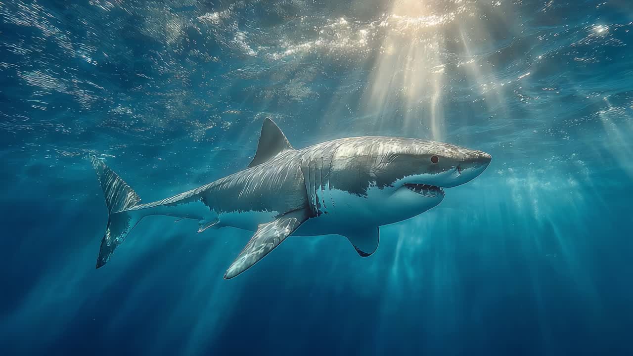 A Majestic Great White Shark Gliding Through the Sunlit Waters, Showcasing Its Powerful Presence and Graceful Movement in the Oceanic Depths
