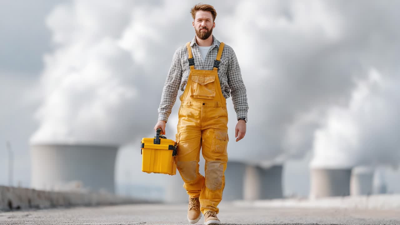 A confident worker in a yellow jumpsuit strides through a clouded industrial landscape, carrying a toolbox. The power plant towers loom in the background, highlighting his role in energy production