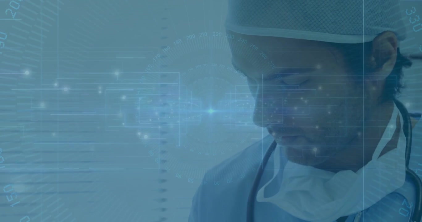 Vertical video: Reading doctor in scrubs with mask holding clipboard in clinic as blue HUD appears