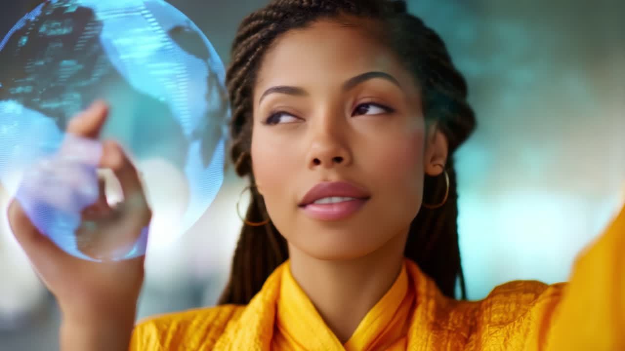 Donna affascinante in maglietta gialla interagisce con un'interfaccia digitale, esplorando mappe del mondo virtuale e visualizzazioni di dati per le innovazioni future