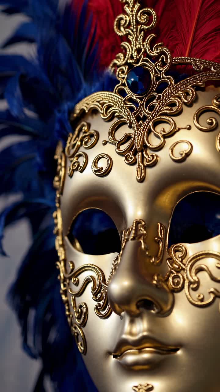 Primo piano di una maschera veneziana ornata con piume blu, ripreso da un'angolazione laterale
