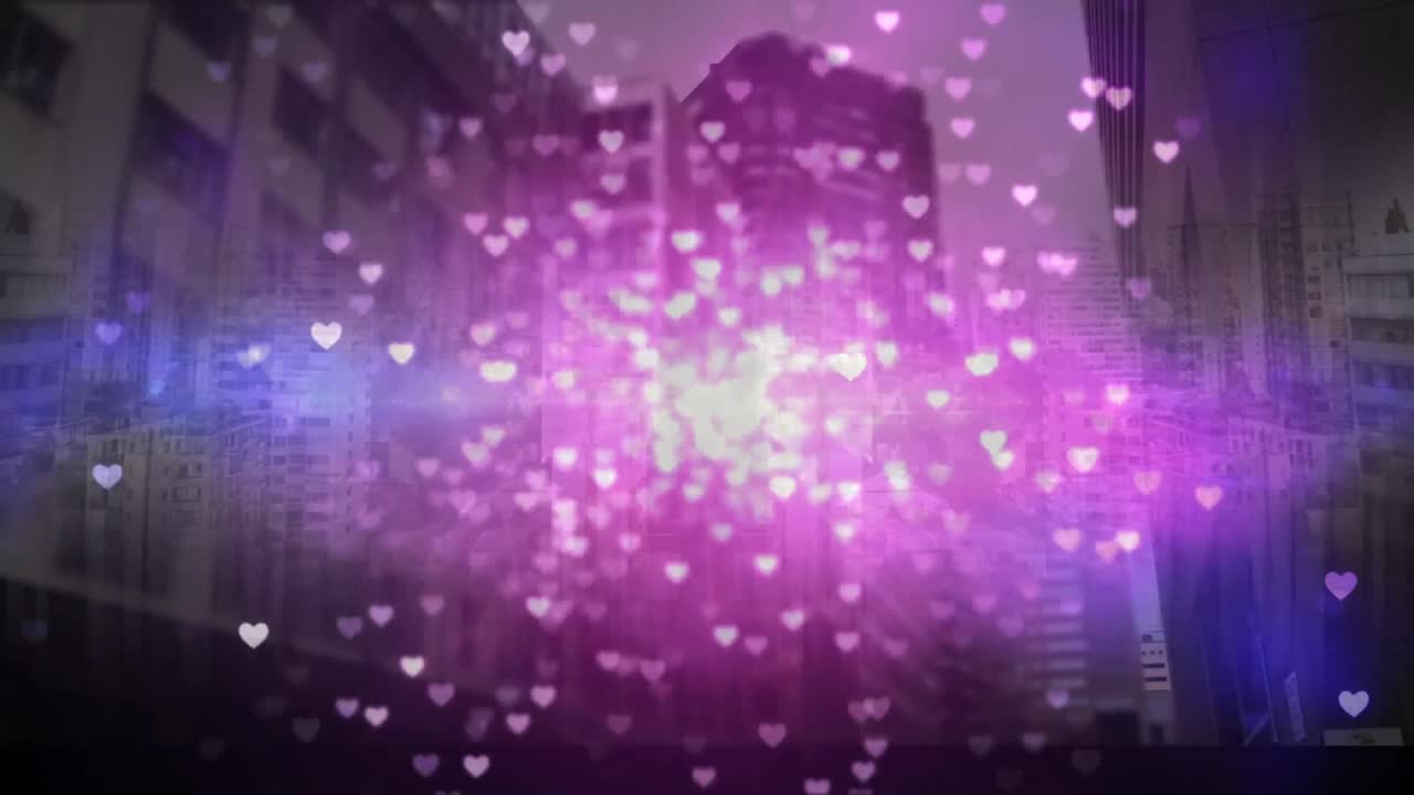 edificios altos de la ciudad con corazones