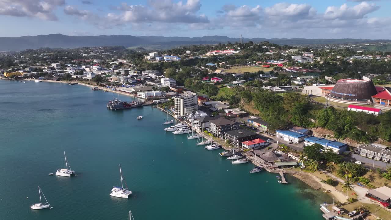 Panorama Of Port Vila Harborside Capital Of Vanuatu On Efate Island. Aerial Drone Shot