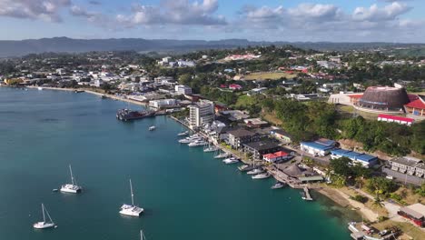 panorama of port vila harborside capital of vanuatu on efate island. aerial drone shot
