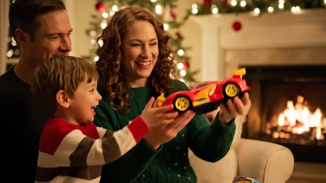 Warm family moment by the fireplace, captured from a cozy angle, perfect for holiday video