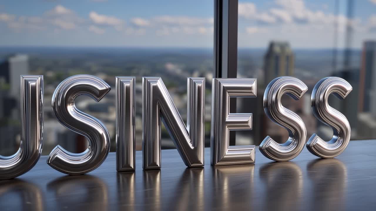 Lettere metalliche compongono BUSINESS. La superficie lucida riflette lo skyline della città. Vista urbana attraverso una finestra moderna. Atmosfera professionale. Ideale per concetti aziendali o finanziari. Suggerisce crescita e ambizione.