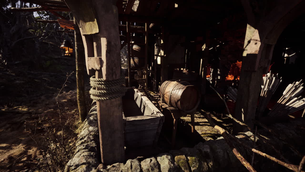 자연 환경에서 배럴과 물 통을 가진 시골 목조 구조물