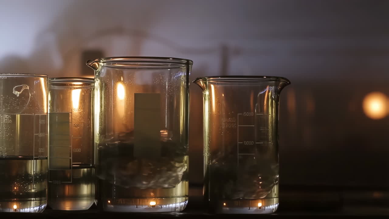 Beakers with liquid in a dimly lit laboratory