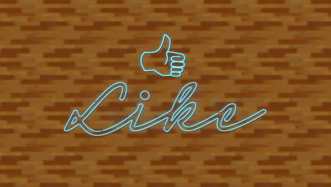 animation of blue neon text, like, and thumb up on digotal brick wall background