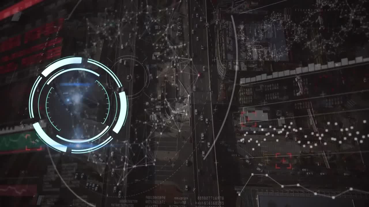 도시 풍경 위의 범위 스캐닝과 데이터 처리 애니메이션