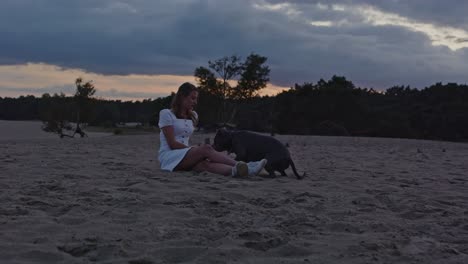 american staffordshire terrier lying down next to young woman sitting in sand dunes at dusk