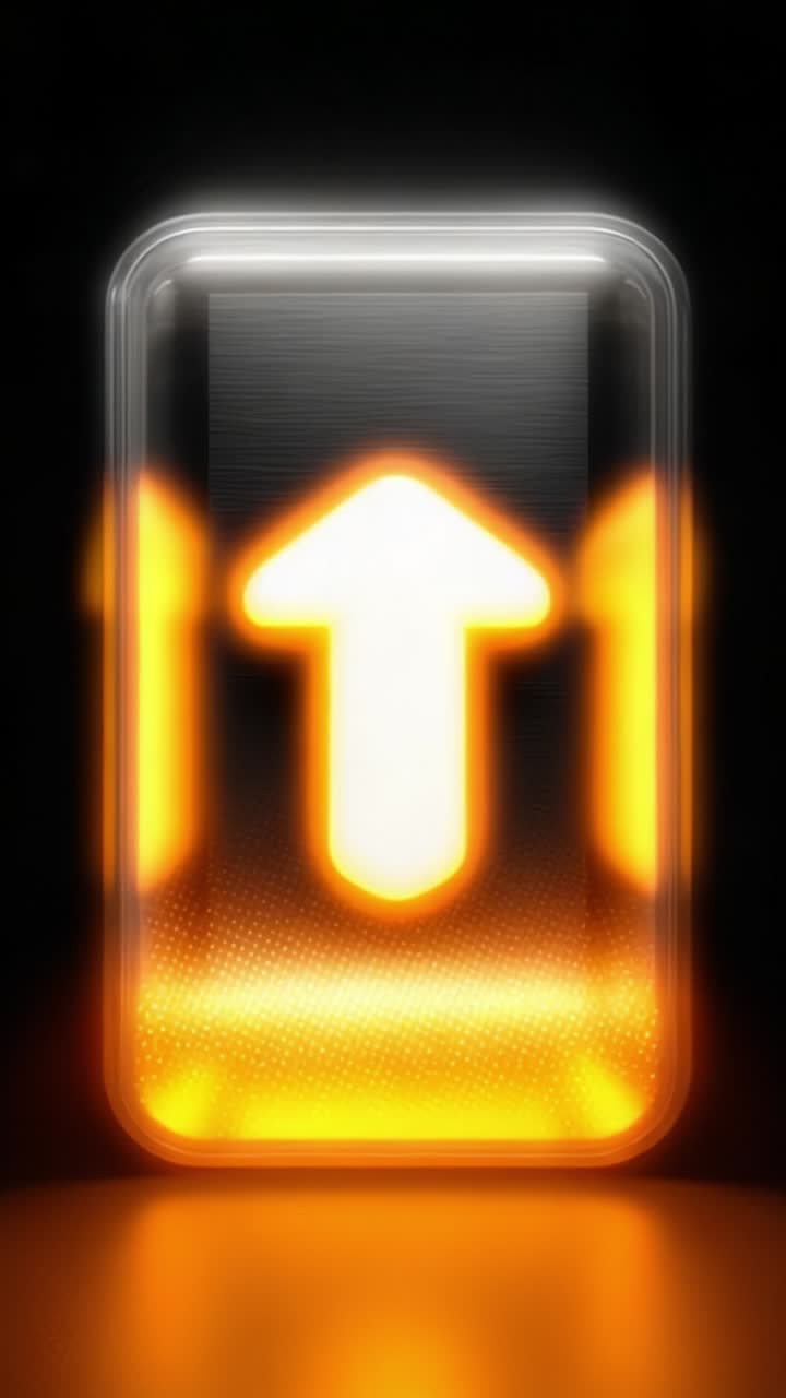 Icona stilizzata di freccia verso l'alto con effetto bagliore su uno sfondo scuro che rappresenta progresso o navigazione in un'interfaccia digitale moderna