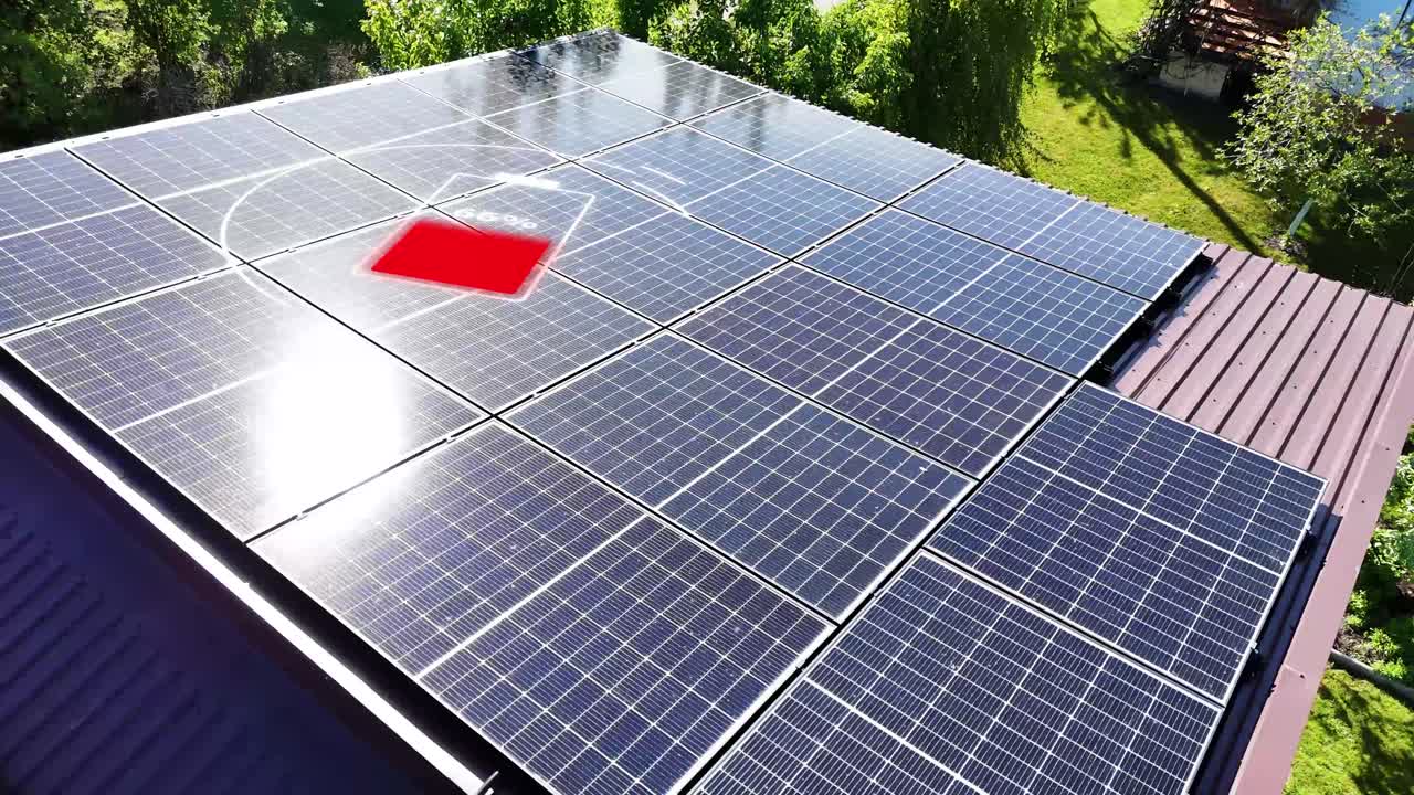 Solar panels on top of small home charging batteries, aerial orbit view