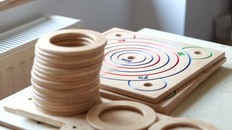 Stack of wooden rings, pieces for game, puzzles, ready for assembly in game factory