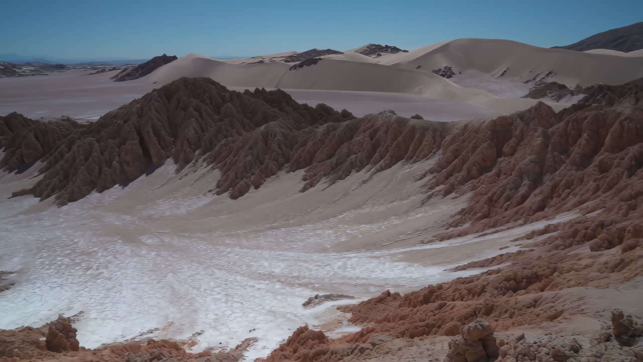 Arid Desert Landscape with Rugged Terrain, Sand Dunes, and Salt Flats