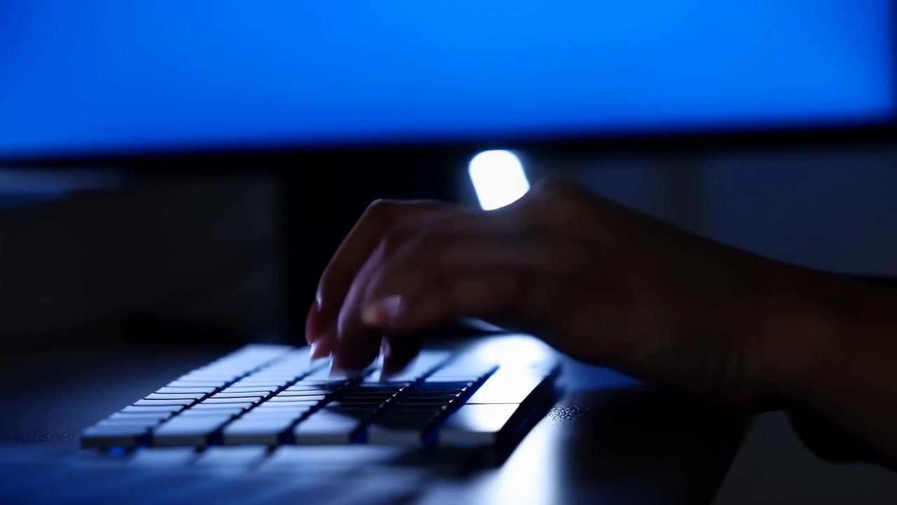 hands typing sequence on plastic keyboard in dark workspace with blue backlight focused and productive close-up slightly angled office work tech industry digital content creation period.