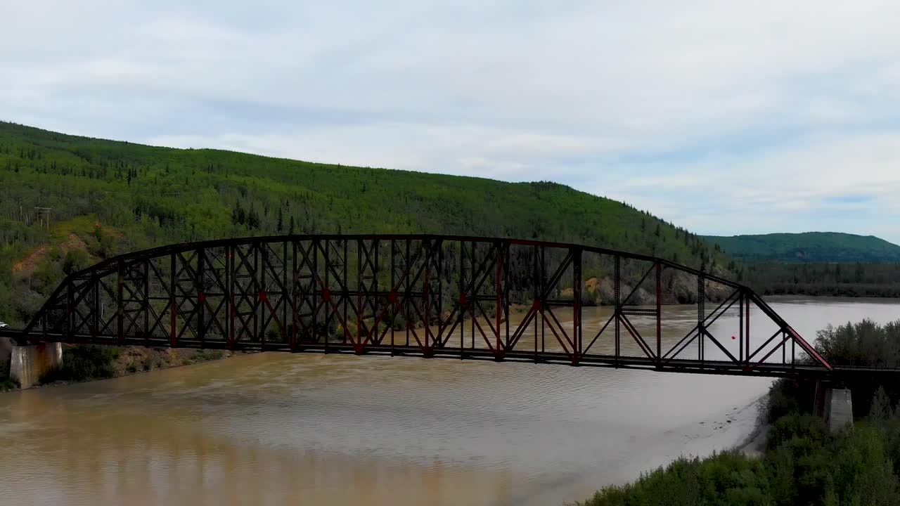 4K Drone Video of Mears Memorial Steel Truss Train Bridge over the Tanana River at Nenana, Alaska during Summer Day