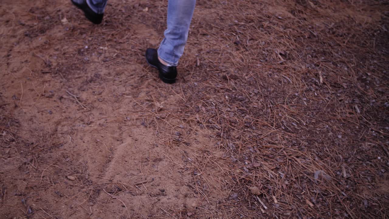 Black Shoes and Jeans Walking On Pine Forest Floor