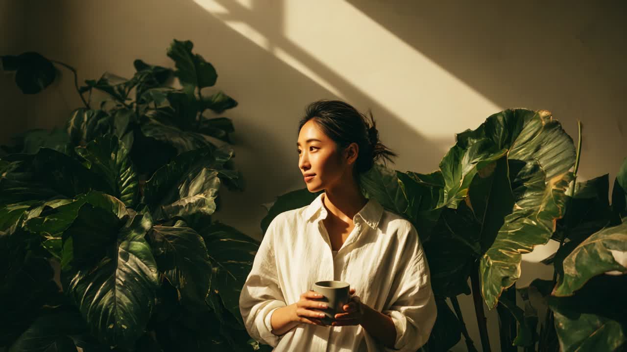 A serene moment of reflection, featuring a young woman standing gracefully amidst lush green plants, basking in soft sunlight pouring through a window while holding a warm cup in her hand, embodying tranquility