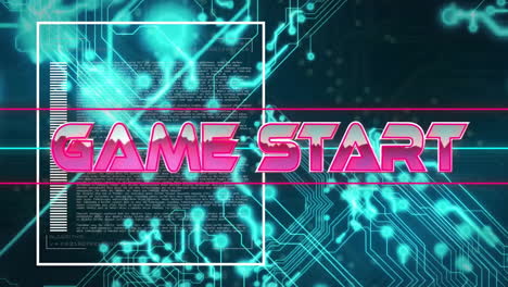 animation of game start text over neon pattern and circuit board