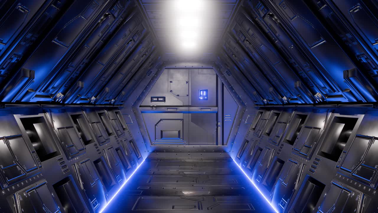 A futuristic spacecraft door with blue neon lights