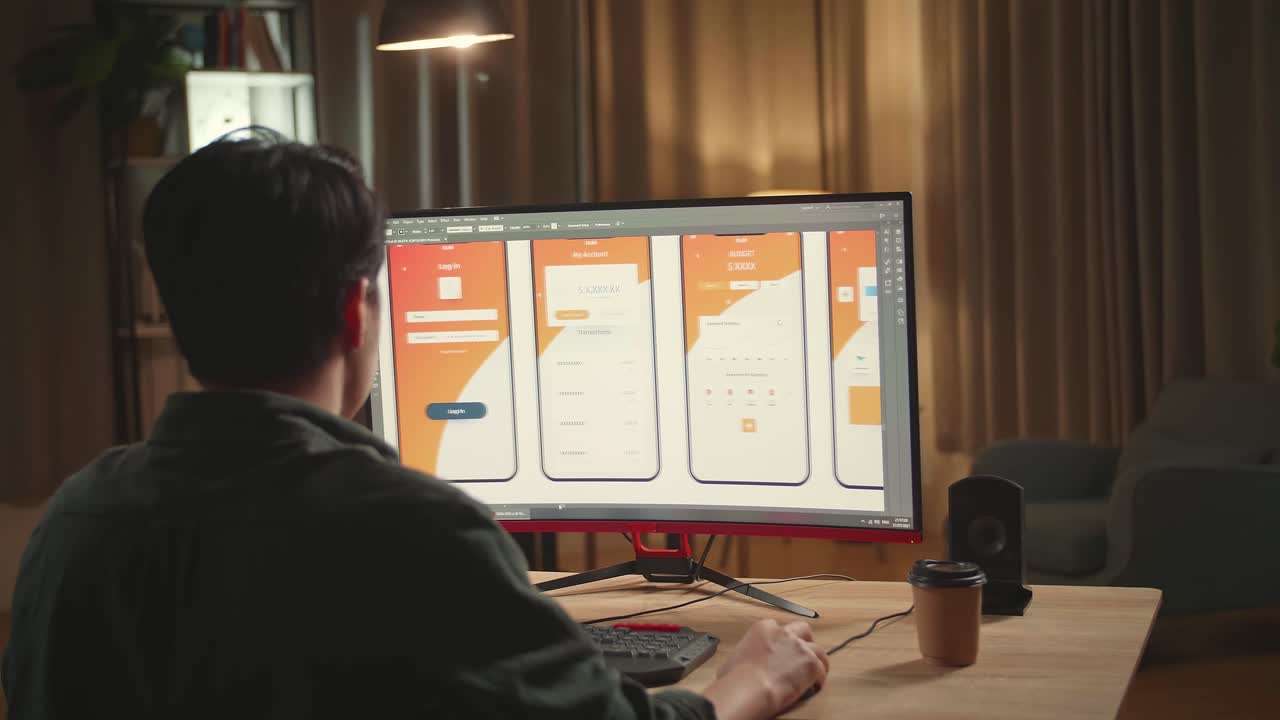 Asian Male Mobile Application Developer Works With Graphics On His Personal Computer. He Works At Night