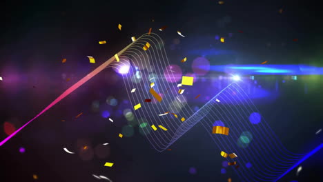 animation of confetti falling over multi coloured light trails on black background