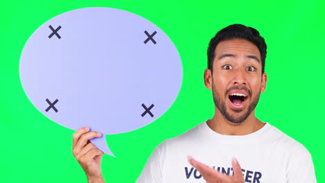 speech bubble, surprise and man in studio