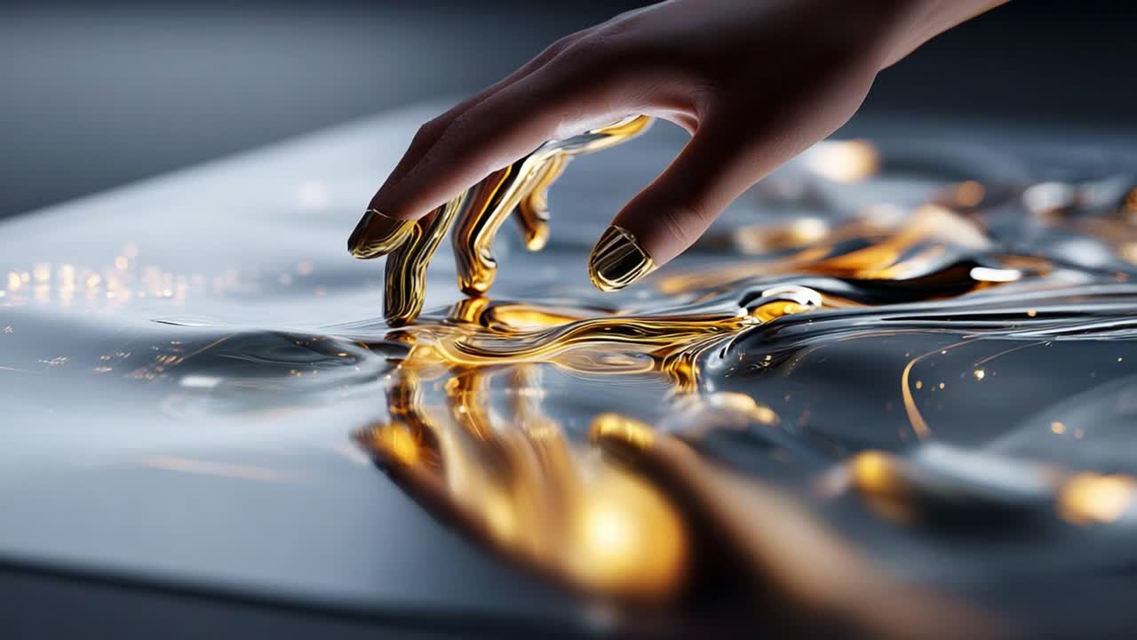 A mesmerizing close-up of a hand gently interacting with a glossy liquid surface, showcasing the fluid dynamics and reflective qualities with captivating gold accents and intricate patterns