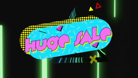 on black background, animation of colorful huge sale text with geometric shapes