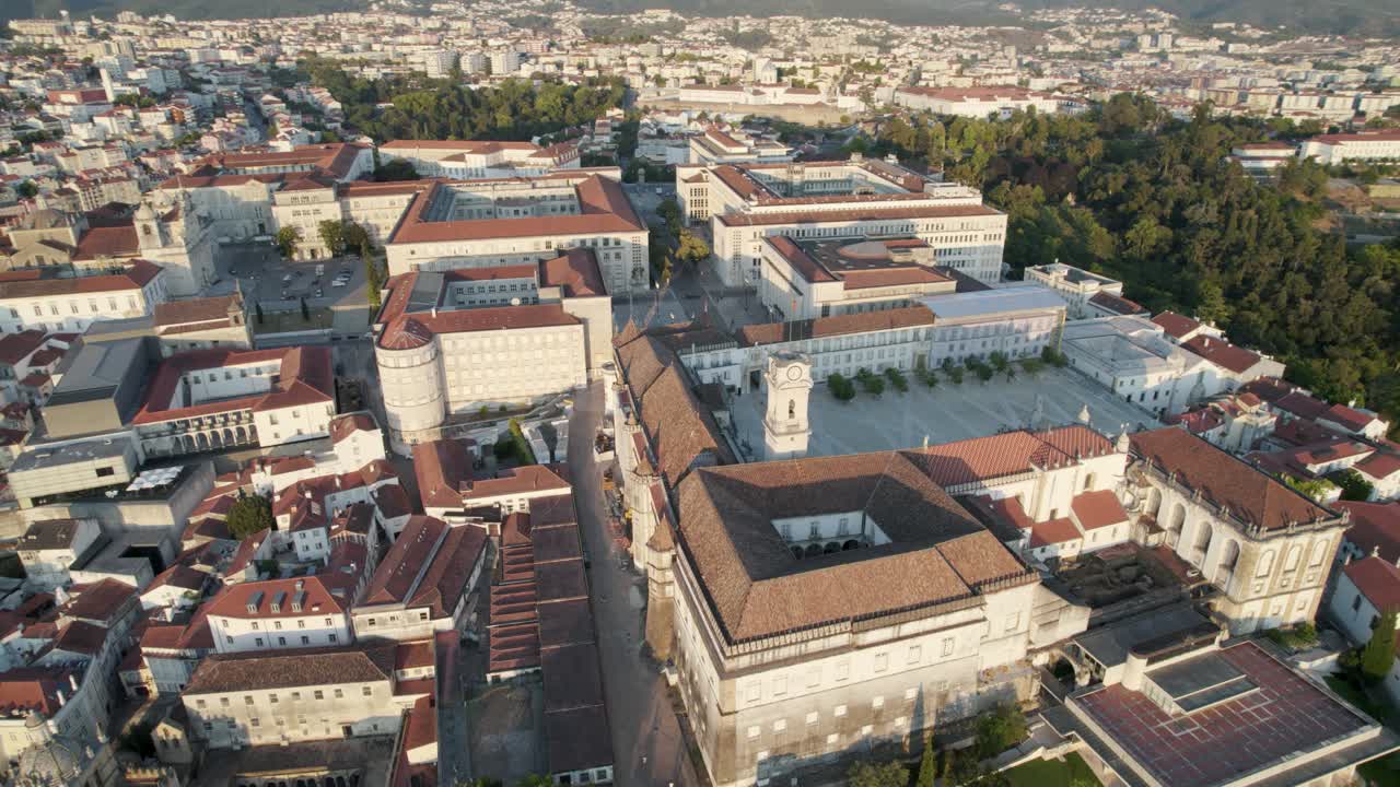 Coimbra historic University in Portugal. Aerial orbiting