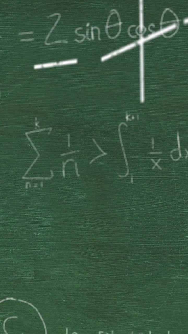 Animazione di strati di formule ed equazioni matematiche su una lavagna verde