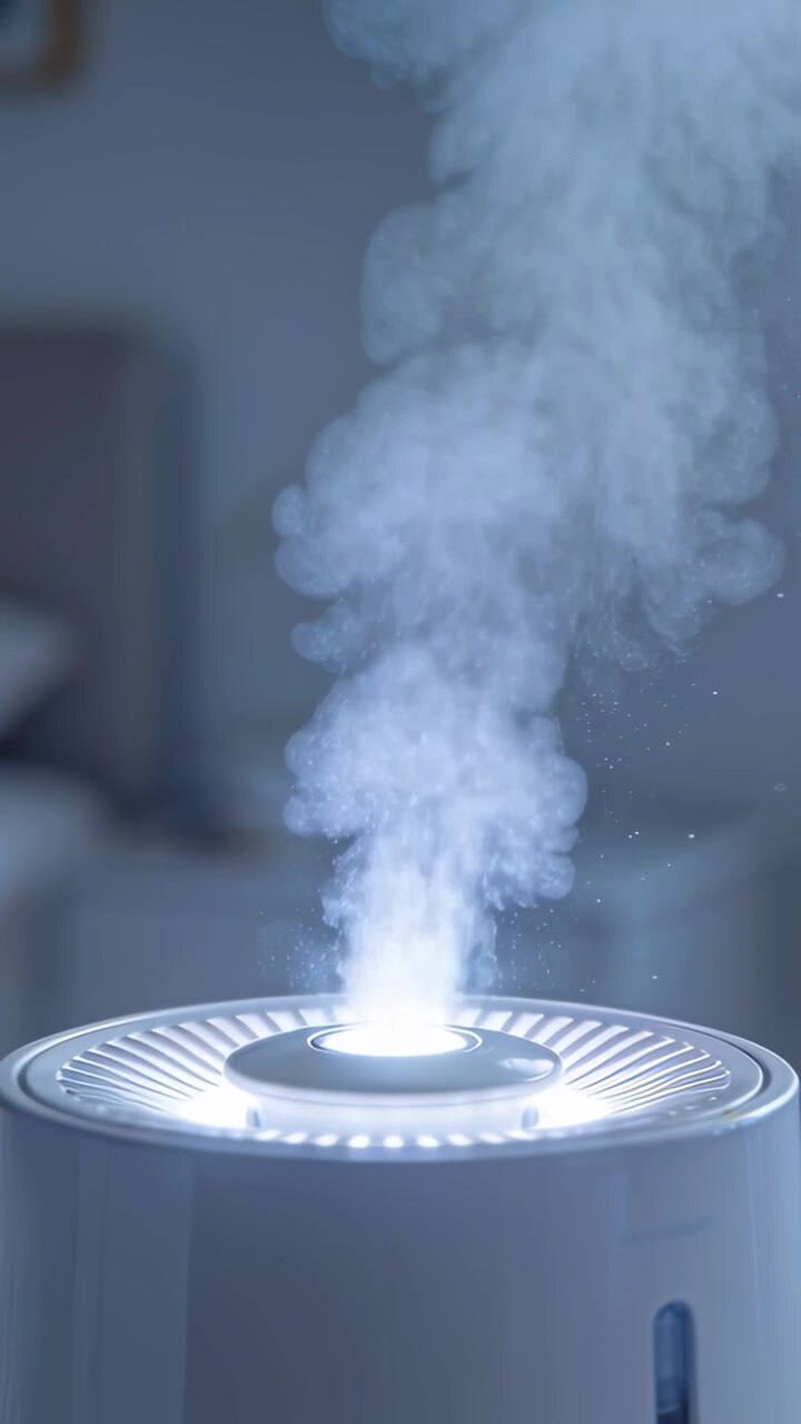 Vertikal video: Hvit luftfukter i drift avgir tåke for å fukte soveromsluften, med glødende LED-ring.