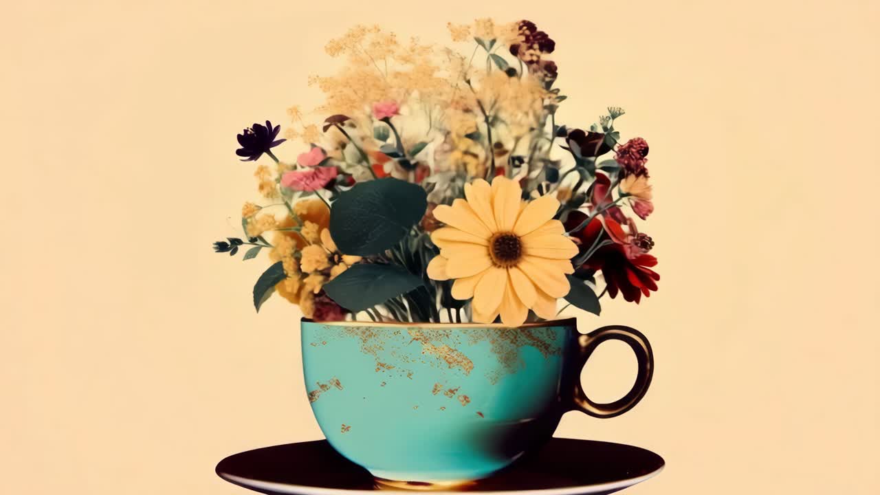 A vibrant floral arrangement in a turquoise cup, captured from a side angle