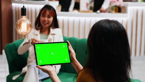 traveler checking isolated greenscreen template on tablet