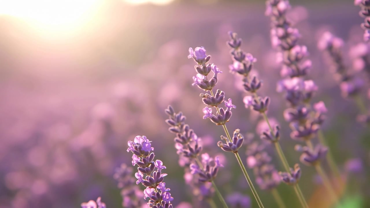 Primo piano di fiori di lavanda viola che ondeggiano in un campo soleggiato