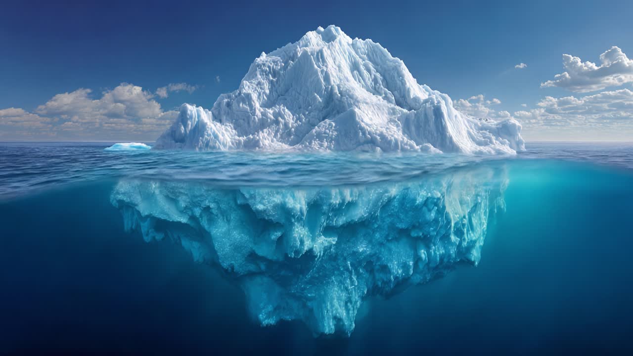 Majestic Iceberg in Serene Waters: A Breathtaking View of the Ice Formations Above and Below the Surface, Capturing the Beauty of Nature's Frozen Wonders