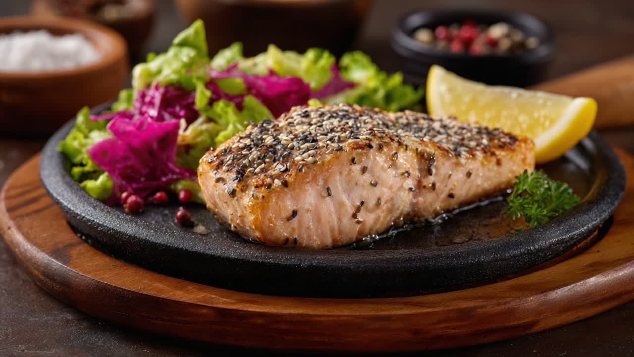 Deliciously Seared Salmon Fillet Served on a Hot Plate with Fresh Green Salad and a Slice of Lemon, Perfect for a Healthy Gourmet Meal