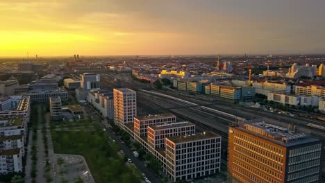 munich in the first sunlight at a beautiful morning, 360 degrees panning shot in the inner city of the bavarian metropole under the bright, yellow sun