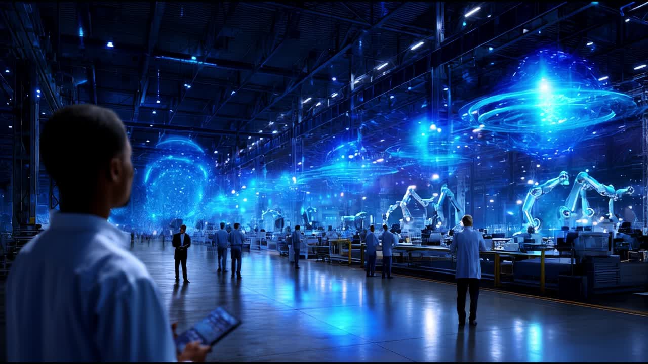 A High-Tech Manufacturing Environment Showcasing Advanced Robotics and Artificial Intelligence, Illuminated by Futuristic Holographic Displays and Innovative Automation Processes in a Vast Industrial Facility