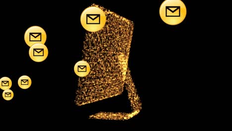 Multiple message icons floating against 3d computer model spinning on black background